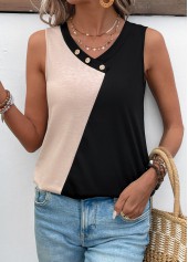 V Neck Patchwork Black Tank Top