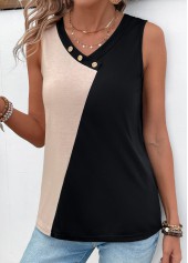 V Neck Patchwork Black Tank Top
