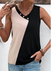 V Neck Patchwork Black Tank Top
