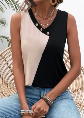 V Neck Patchwork Black Tank Top