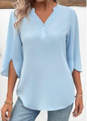 Button Light Blue 3/4 Sleeve Split Neck Blouse
