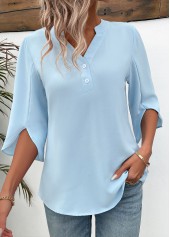 Button Light Blue 3/4 Sleeve Split Neck Blouse
