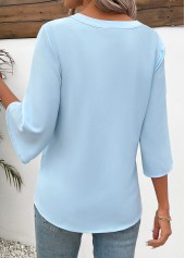 Button Light Blue 3/4 Sleeve Split Neck Blouse