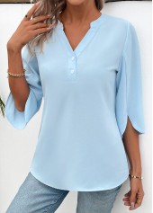 Button Light Blue 3/4 Sleeve Split Neck Blouse
