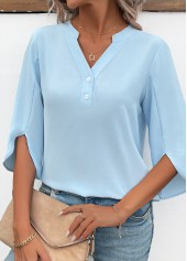 Button Light Blue 3/4 Sleeve Split Neck Blouse