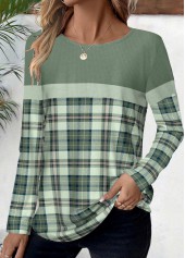 Plaid Patchwork Sage Green Long Sleeve T Shirt