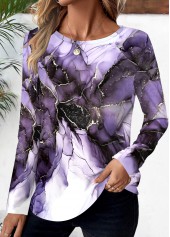 Plus Size Purple Floral Print Long Sleeve T Shirt
