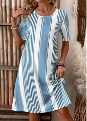 Striped Pocket Light Blue Short Sleeve Shift Dress