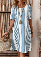 Striped Pocket Light Blue Short Sleeve Shift Dress