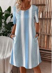 Striped Pocket Light Blue Short Sleeve Shift Dress
