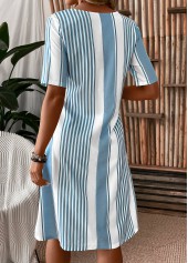 Striped Pocket Light Blue Short Sleeve Shift Dress