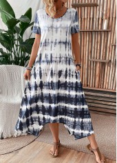 Tie Dye Print Pocket Dusty Blue A Line Dress
