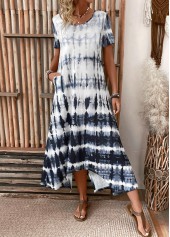 Tie Dye Print Pocket Dusty Blue A Line Dress