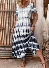 Tie Dye Print Pocket Dusty Blue A Line Dress