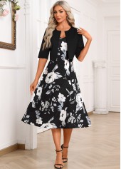 Floral Print Two Piece Black Dress and Cardigan