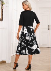 Floral Print Two Piece Black Dress and Cardigan
