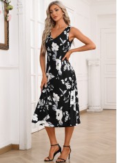 Floral Print Two Piece Black Dress and Cardigan