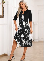 Floral Print Two Piece Black Dress and Cardigan