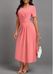 Asymmetry Pink Short Sleeve Round Neck Dress