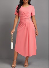 Asymmetry Pink Short Sleeve Round Neck Dress