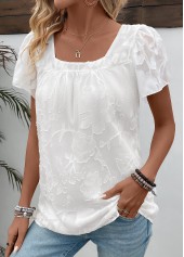 Chiffon White Short Sleeve Square Neck T Shirt