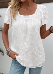 Chiffon White Short Sleeve Square Neck T Shirt