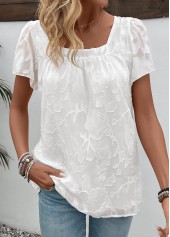 Chiffon White Short Sleeve Square Neck T Shirt