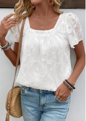 Chiffon White Short Sleeve Square Neck T Shirt
