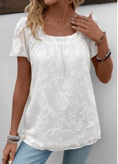 Chiffon White Short Sleeve Square Neck T Shirt