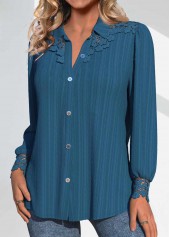 Patchwork Peacock Blue Long Sleeve Shirt Collar Blouse