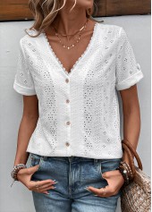 Button White Short Sleeve V Neck Blouse