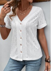 Button White Short Sleeve V Neck Blouse