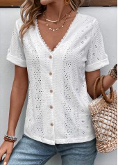 Button White Short Sleeve V Neck Blouse