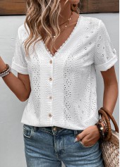Button White Short Sleeve V Neck Blouse