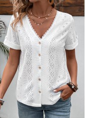 Button White Short Sleeve V Neck Blouse