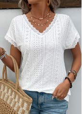 Patchwork White Short Sleeve V Neck T Shirt