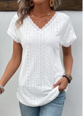 Patchwork White Short Sleeve V Neck T Shirt