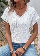 Patchwork White Short Sleeve V Neck T Shirt