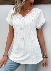 Patchwork White Short Sleeve V Neck T Shirt
