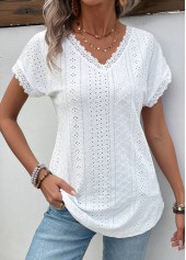 Patchwork White Short Sleeve V Neck T Shirt