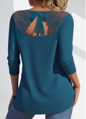 Lace Peacock Blue Long Sleeve V Neck T Shirt