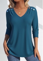 Lace Peacock Blue Long Sleeve V Neck T Shirt