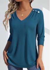 Lace Peacock Blue Long Sleeve V Neck T Shirt