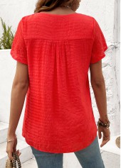 Button Neon Red Short Sleeve Round Neck T Shirt