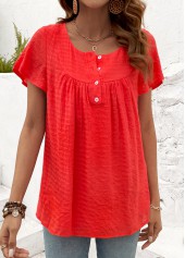 Button Neon Red Short Sleeve Round Neck T Shirt
