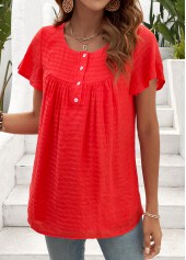 Button Neon Red Short Sleeve Round Neck T Shirt