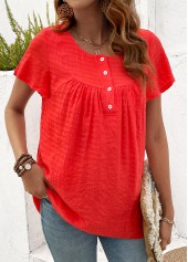 Button Neon Red Short Sleeve Round Neck T Shirt