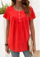 Button Neon Red Short Sleeve Round Neck T Shirt