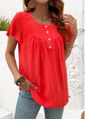 Button Neon Red Short Sleeve Round Neck T Shirt