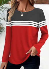 Striped Red Long Sleeve Round Neck T Shirt